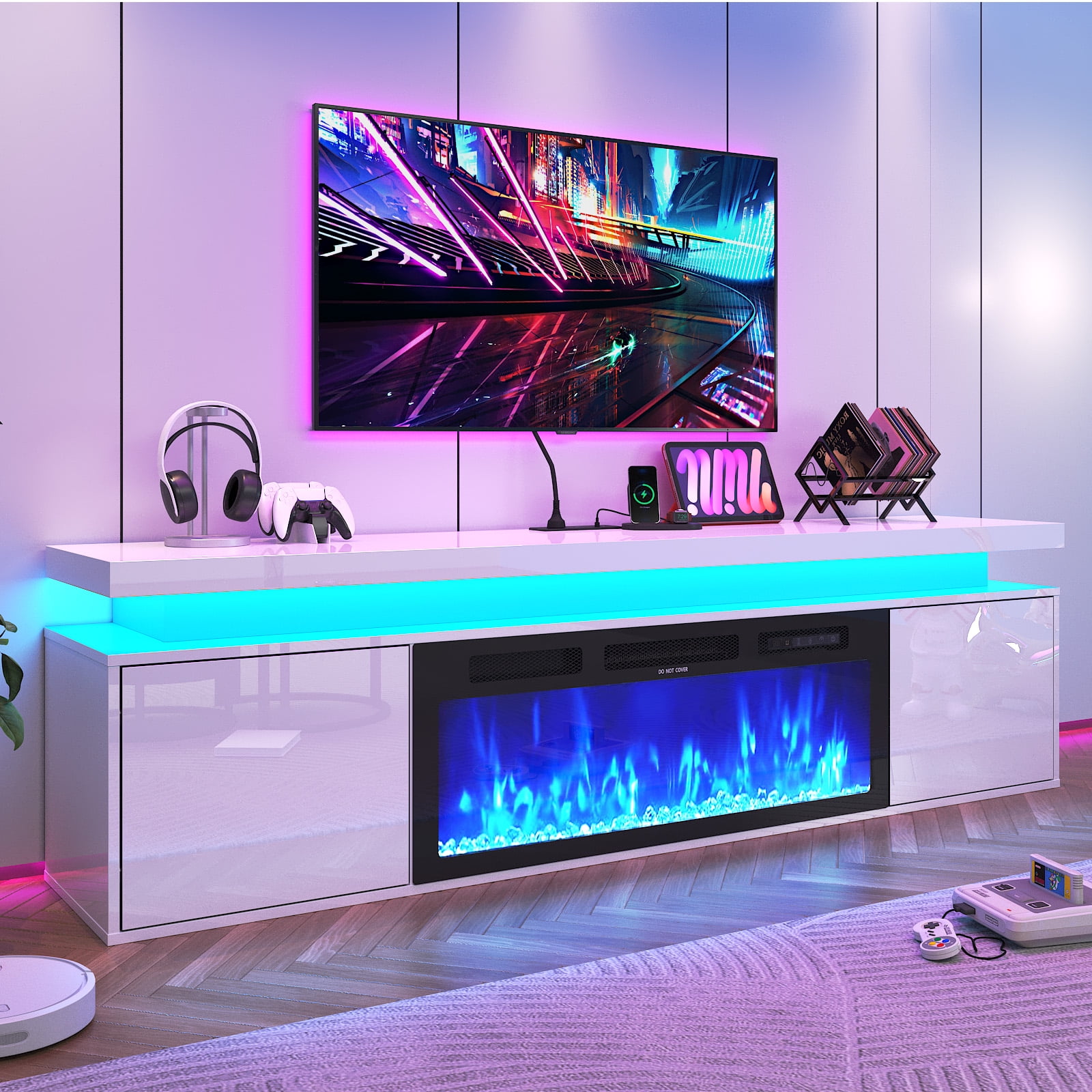 Blotout 70'' Fireplace TV Stand with 36'' Fireplace, Gloss Wall Mounted ...