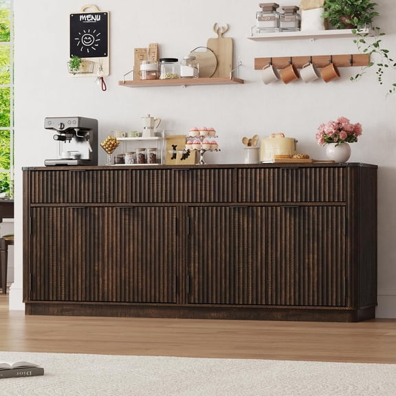 Blotout 70" Fluted Buffet Cabinet Sideboard with Storage, Large Credenza with 3 Drawers, 4 Doors and Shelves, Wood Modern Farmhouse Sideboard for Kitchen and Living Room