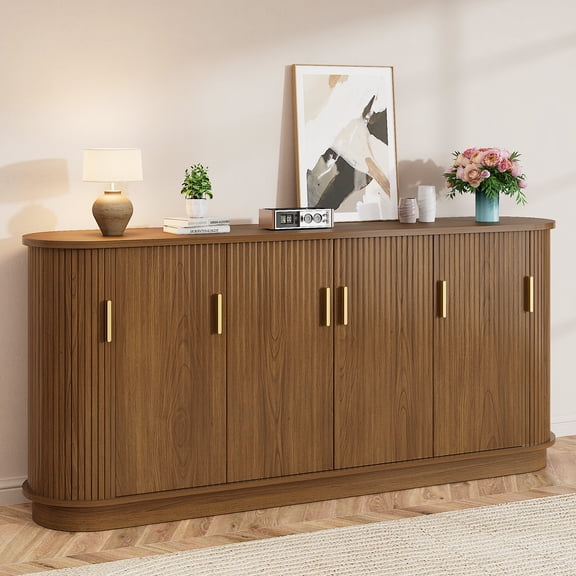 Blotout 70" Fluted Sideboard Buffet Cabinet, Mid-Century Modern Media Console TV Stand for TVs up to 80 Inch, Accent Credenza Storage Cabinet with Adjustable Shelves for Living Room, Walnut