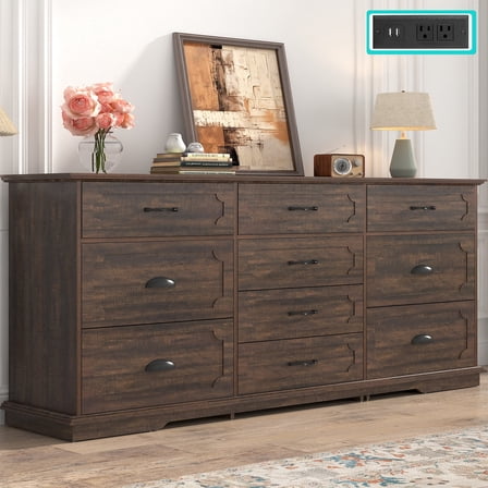 Blotout 70" Large Long Dresser with Deep Drawers, Farmhouse 10 Drawer Dresser for Bedroom, Wide Wood Chest of Drawers with Power Outlets, Rustic Brown Dresser