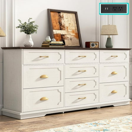 Blotout 70" Large Long Dresser with Deep Drawers, Farmhouse 10 Drawer Dresser for Bedroom, Wide Wood Chest of Drawers with Power Outlets, Antique White Dresser