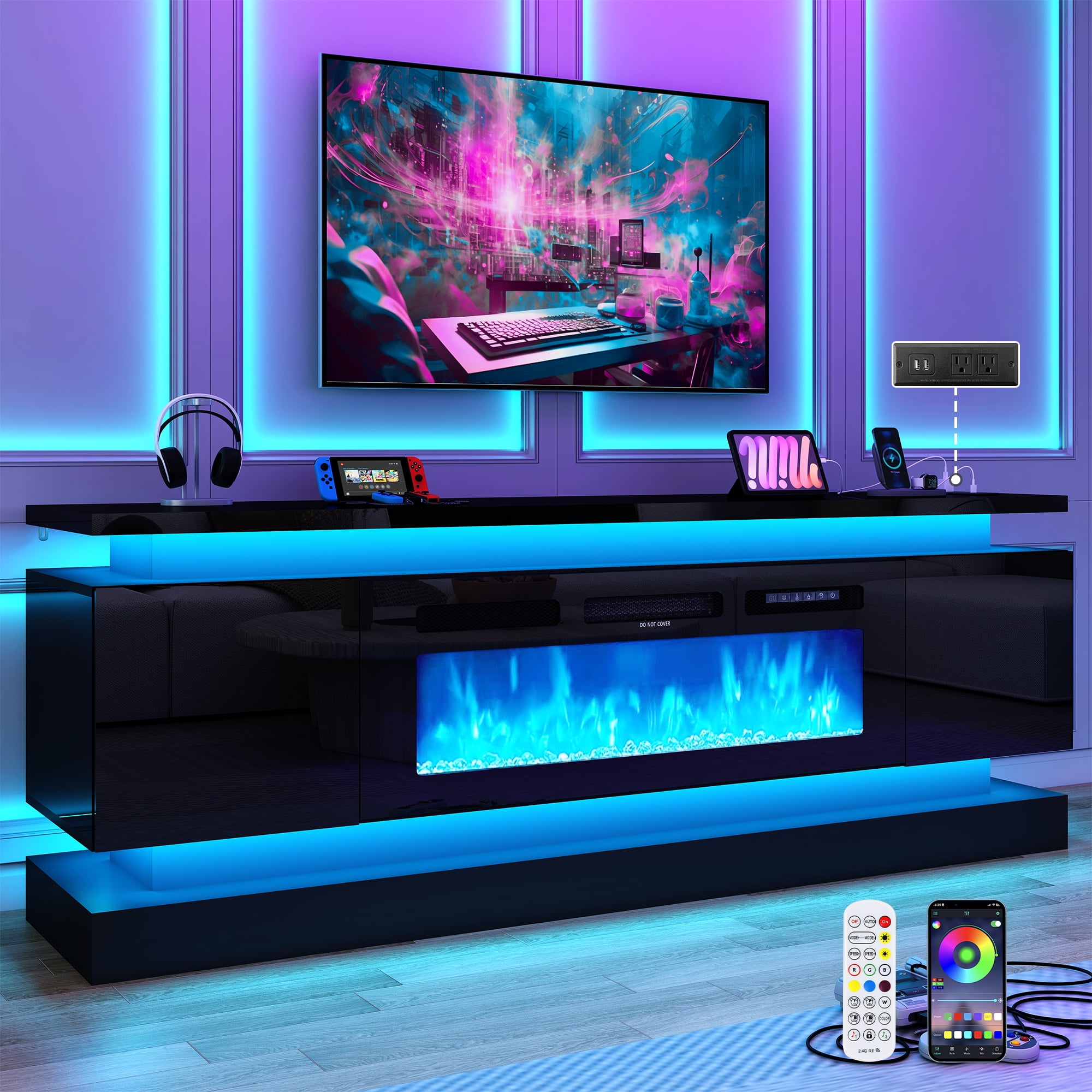Blotout 71" Fireplace TV Stand with 40" Fireplace, LED Lights & Power Outlet for 85/80/75 Inch TV, Modern Gaming Entertainment Center with High Gloss Cabinet, Media TV Console for Living Room (Black)