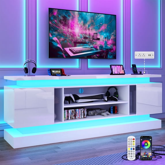 Blotout 71" TV Stand with LED Lights & Power Outlet for 85/80/75 Inch TV, Modern Gaming Entertainment Center with High Gloss Cabinet, Media TV Console for Living Room (White)
