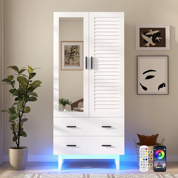 Blotout 70” Tall LED Armoire Wardrobe with Mirror & 2 Drawers, 2 Door LED Wood Wardrobe Armoire with Multi-Layer Shelves & Hanging Rod, Large Capacity Storage Cabinet w/Louver Doors, White