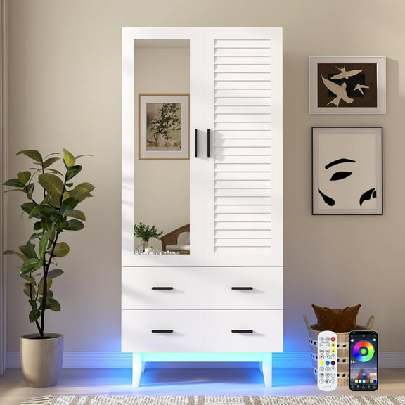 Blotout 70” Tall LED Armoire Wardrobe with Mirror & 2 Drawers , 2 Door LED Wood Wardrobe Armoire with Multi-Layer Shelves & Hanging Rod, Large Capacity Storage Cabinet w/Louver Doors, White