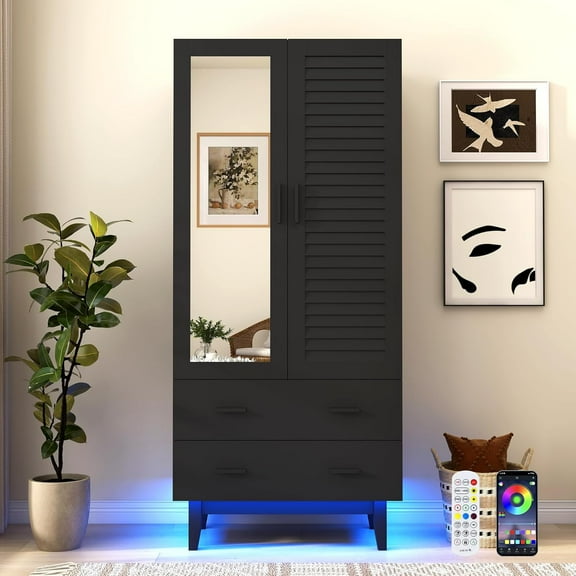 Blotout 70” Tall LED Armoire Wardrobe with Mirror & 2 Drawers , 2 Door LED Wood Wardrobe Armoire with Multi-Layer Shelves & Hanging Rod, Large Capacity Storage Cabinet w/Louver Doors, Black