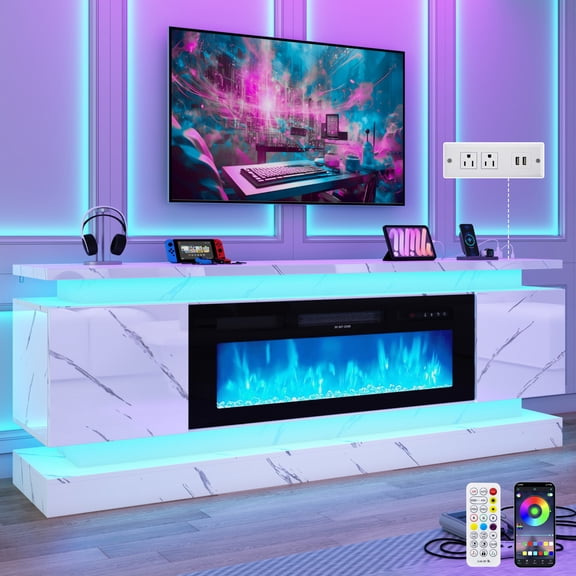 Blotout 71" Fireplace TV Stand with 40" Fireplace, LED Lights & Power Outlet for 85/80/75 Inch TV, Modern Gaming Entertainment Center w/ High Gloss Cabinet, Media TV Console for Living Room, Marble