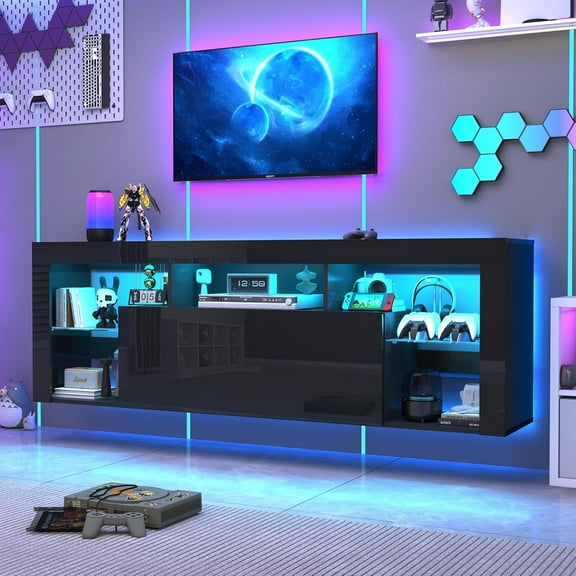 Blotout 71" Floating High Gloss LED TV Stand for up to 75/85" TVs, Wall-Mounted Entertainment Center with Power Outlets & Hidden Storage Cabinet and Open Adjustable Glass Shelf, Black