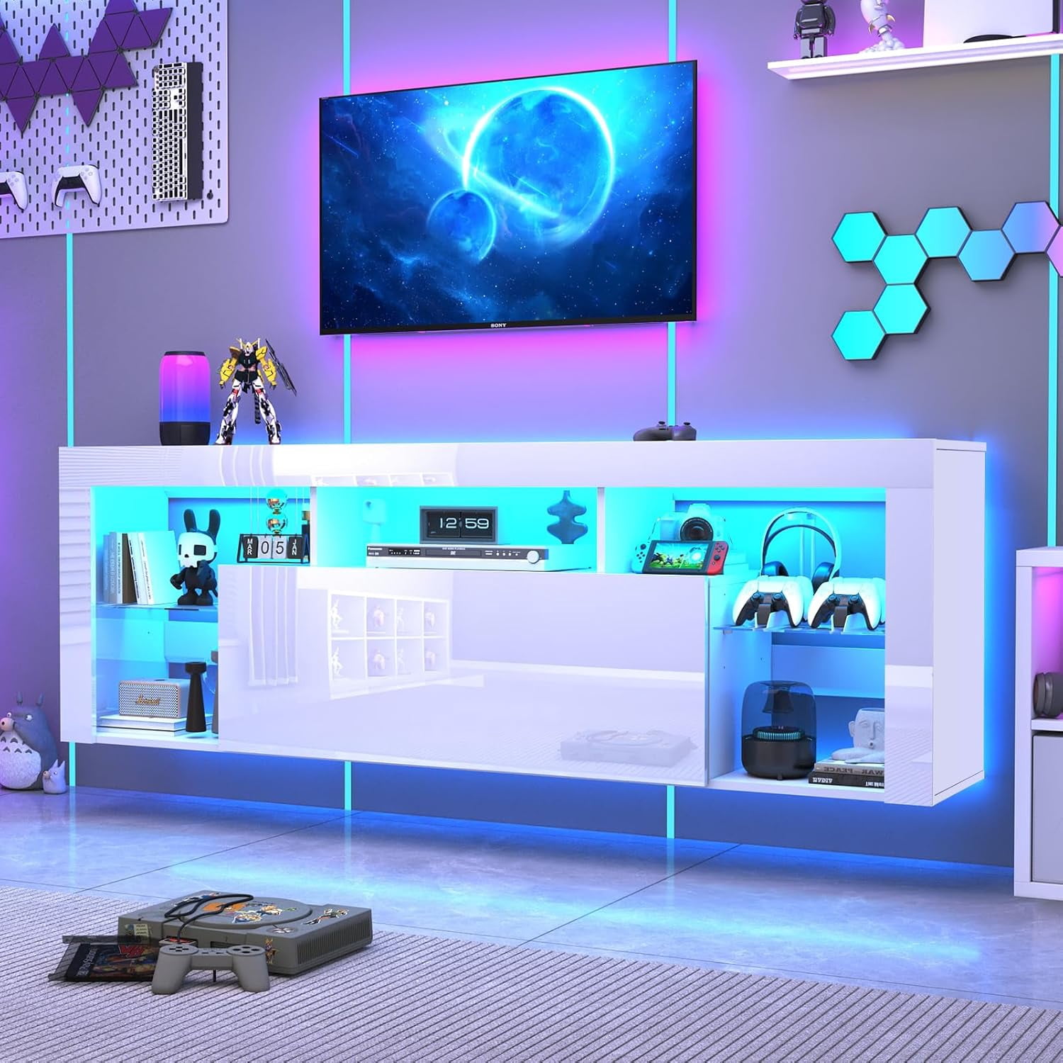 Blotout 71" Floating High Gloss LED TV Stand for up to 75/85" TVs, Wall-Mounted Entertainment Center with Power Outlets & Hidden Storage Cabinet and Open Adjustable Glass Shelf, White