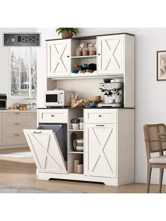 47" Wide Kitchen Pantry Storage Cabinet with Charging Station & Microwave Stand, Tall Farmhouse Kitchen Hutch Cabinet, Double Tilt Out Trash Can Cabinet 10X2 Gallon