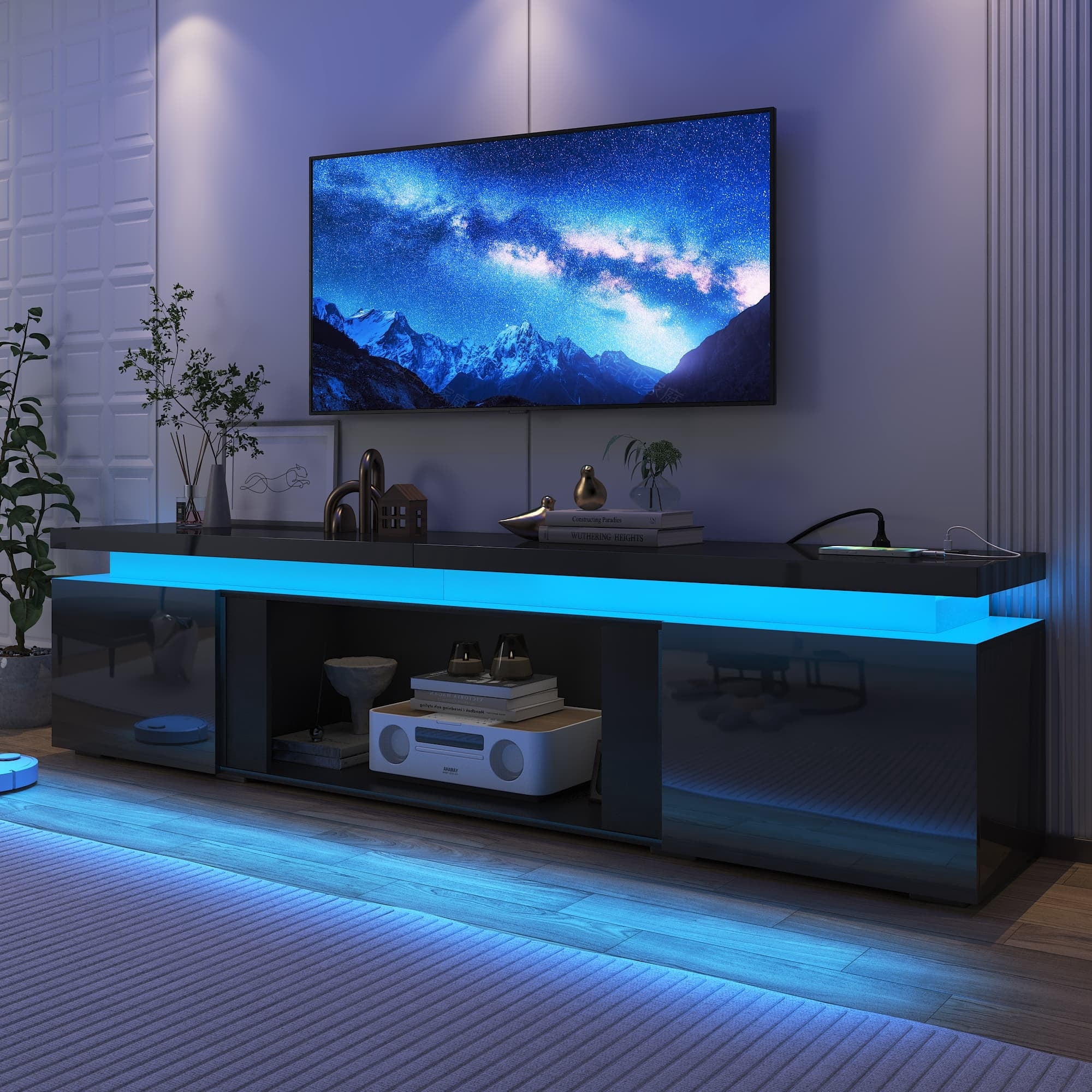 71" LED TV Stand with 40" Fireplace Slot & Power Outlet, High Gloss Fireplace TV Stand for 65 70 75 80 inch TVs, Modern Media Console Entertainment Center (No Fireplace)