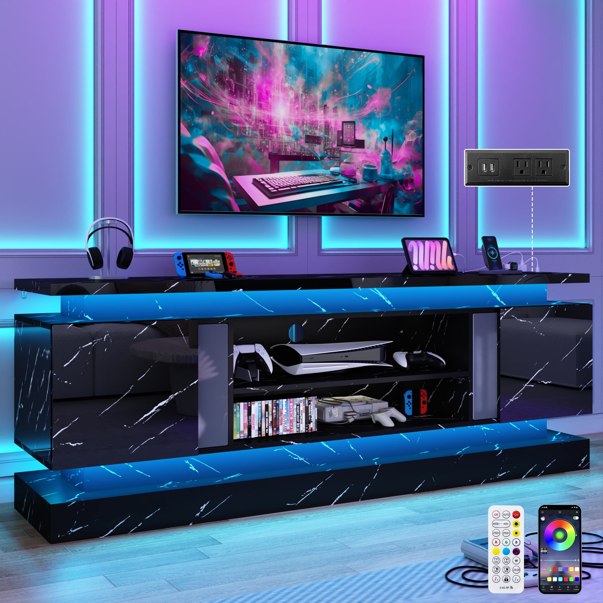 Blotout 71" TV Stand with LED Lights & Power Outlet for 85/80/75 Inch TV, Modern Gaming Entertainment Center with High Gloss Cabinet, Media TV Console for Living Room (Marble)