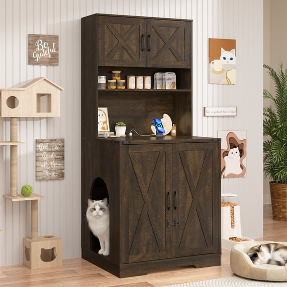 Blotout 71" Tall Farmhouse Cat Litter Box Enclosure W/ Shelves and Doors, Wooden Cat Litter Box Furniture for Self-Cleaning Litter Boxes, Large Hidden Litter Box Furniture W/ Power Outlets, Locks
