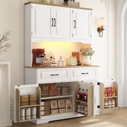 71" Tall Kitchen Pantry Cabinet with 6 Hanging Shelves & Led Lights & Charge Station, 47" Wide Freestanding Farmhouse Cupboard with 2 Drawer,6 Doors Storage,Adjustable Shelves,Open Countertop, White