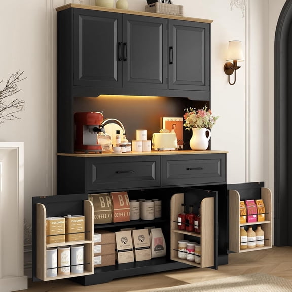 71" Tall Kitchen Pantry Cabinet with 6 Hanging Shelves & Led Lights & Charge Station, 47" Wide Freestanding Farmhouse Cupboard with 2 Drawer,6 Doors Storage,Adjustable Shelves,Open Countertop, Black