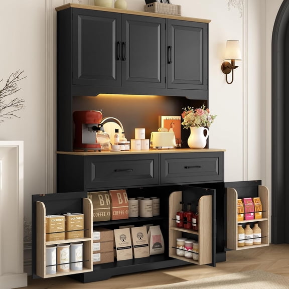 71" Tall Kitchen Pantry Cabinet with 6 Doors Shelves & Led Lights & Charge Station, 47" Wide Freestanding Farmhouse Cupboard with 2 Drawer,6 Doors Storage,Adjustable Shelves,Open Countertop, Black