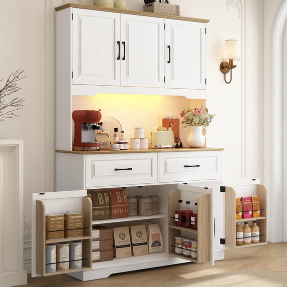 71" Tall Kitchen Pantry Cabinet with 6 Doors Shelves & Led Lights & Charge Station, 47" Wide Freestanding Farmhouse Cupboard with 2 Drawer,6 Doors Storage,Adjustable Shelves,Open Countertop, White