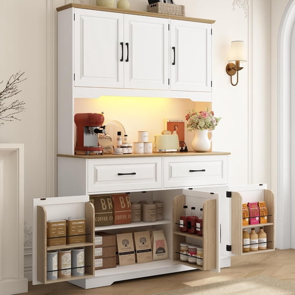 71" Tall Kitchen Pantry Cabinet with 6 Doors Shelves & Led Lights & Charge Station, 47" Wide Freestanding Farmhouse Cupboard with 2 Drawer,6 Doors Storage,Adjustable Shelves,Open Countertop, White