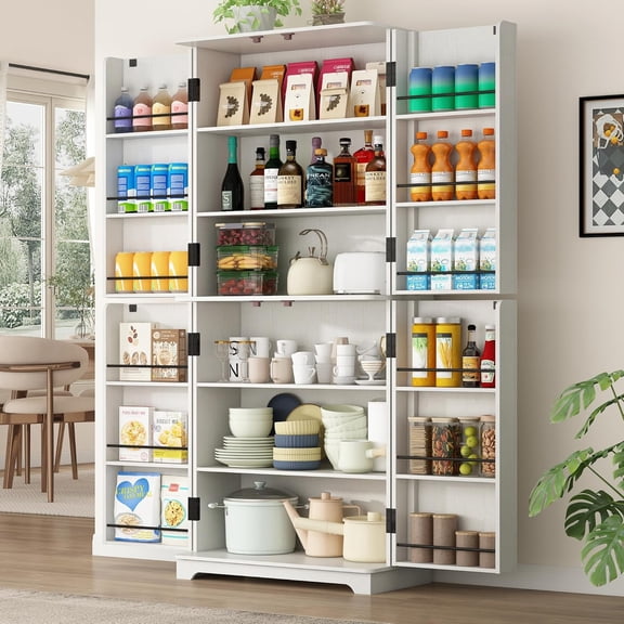 Blotout 72" Tall Kitchen Pantry Cabinet w/ 12 Side Shelves, 6 Layers Modern Cabinet Wood Cupboard, 4 Wood Doors Storage Cabinet w/ Adjustable Shelves for Kitchen, Dining Room, Living Room, White