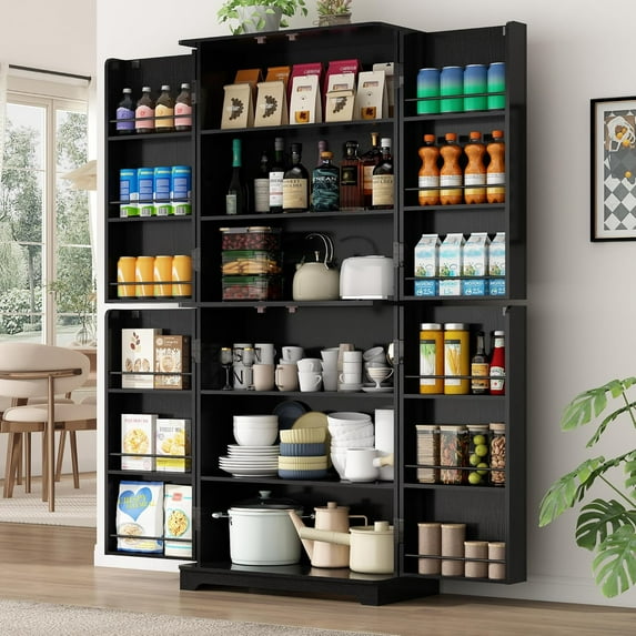 Blotout 72" Tall Modern Kitchen Pantry Cabinet with 12 Side Shelves, 6 Layers Pantry Storage Cabinet with 4 Wood Doors for Kitchen, Dining Room, Living Room, Black