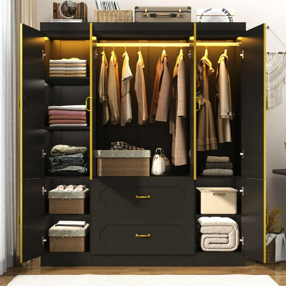 Blotout 75"H Armoire Wardrobe Closet with Mirror and LED Lights, LED Clothing Storage Cabinet with Hanging Rod and Drawers, 4 Door Wooden Wardrobe Cabinet for Bedroom