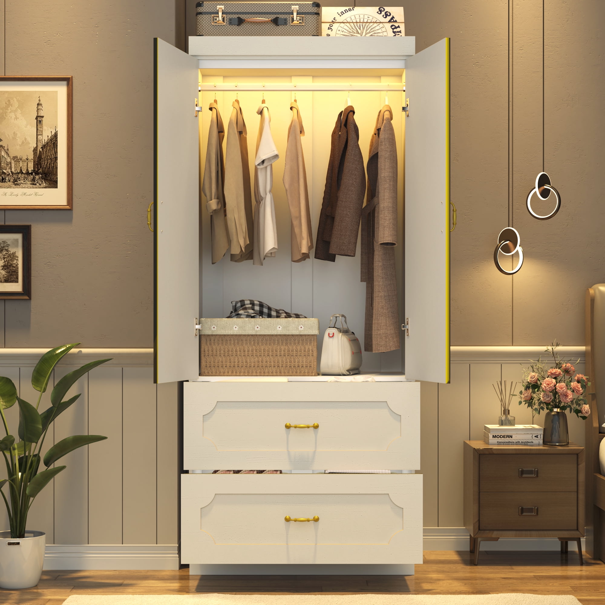 Blotout 75"H Wardrobe Closet with LED Light, 2 Doors Wardrobe with ...