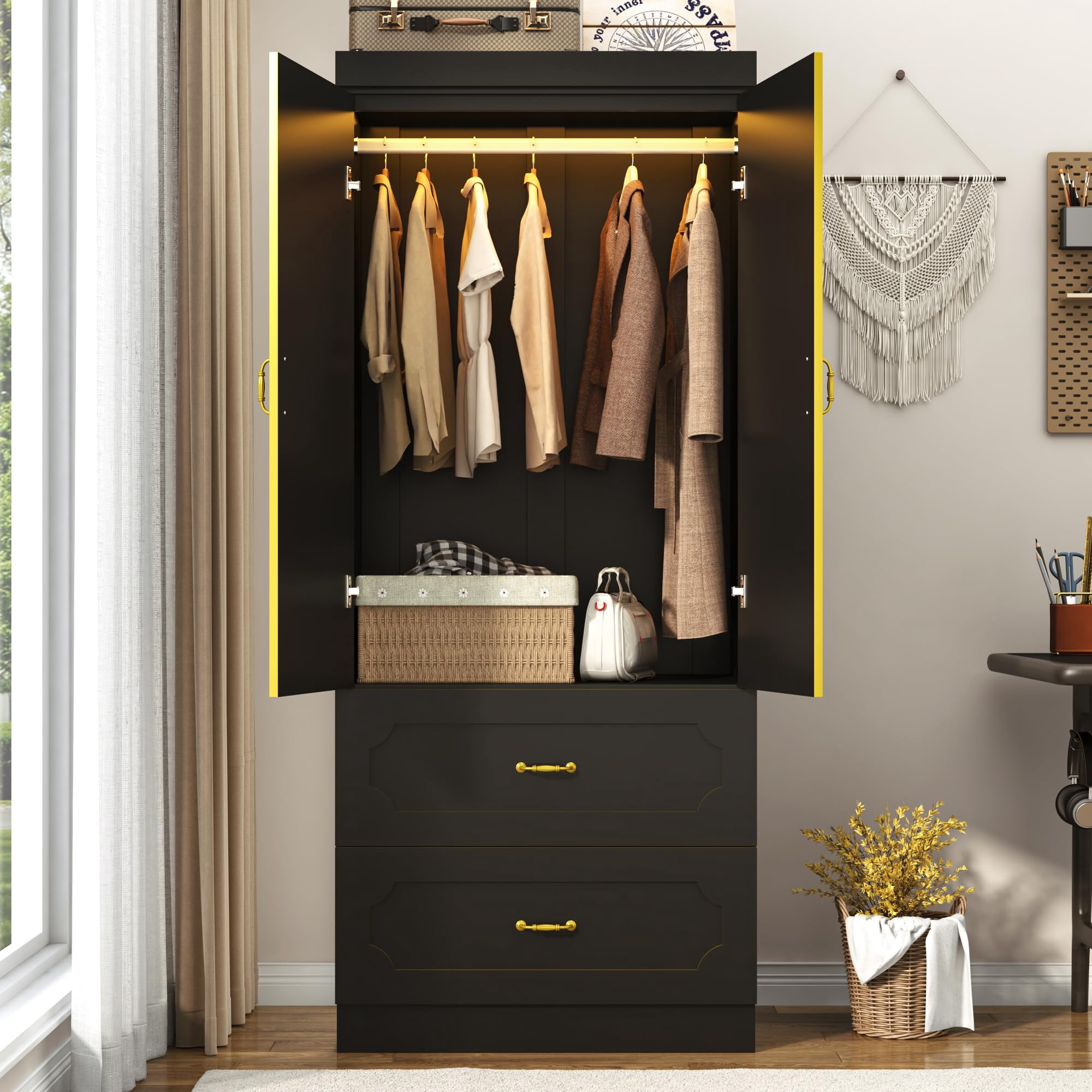 Blotout 75"H Wardrobe Closet with LED Light & 2 Mirror, 2 Doors ...