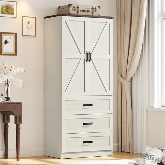 Blotout 75" Rustic Farmhouse Wardrobe Closet with 3 Drawers & LED Sensor Light, 2 Doors Wood Armoire Clothing Storage Cabinet with Hanging Rail for Bedroom Living Room