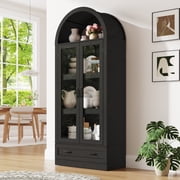 Blotout 75 Tall Arched Kitchen Pantry Storage Cabinet, Farmhouse Wood Pantry Arched Cabinet with Drawer, Glass Door and Load-Bearing Steel Pipe for Dining Room Living Room
