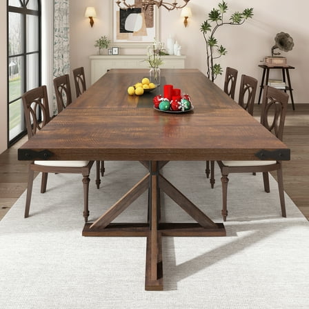 Blotout 95" Modern Farmhouse Dining Table for 10-12 People, Rectangular Wood Dining Table with Wood Strip Base, Long Kitchen Table Tables for Dining Room, Gathering, Kitchen (Brown)