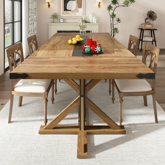 Blotout 79" Natural Wood Color Farmhouse Dining Table for 8-10 People, Rectangular Wood Dining Table with Wood Strip Base, Long Kitchen Table for Dining Room, Gathering, Kitchen (Natural Oak)
