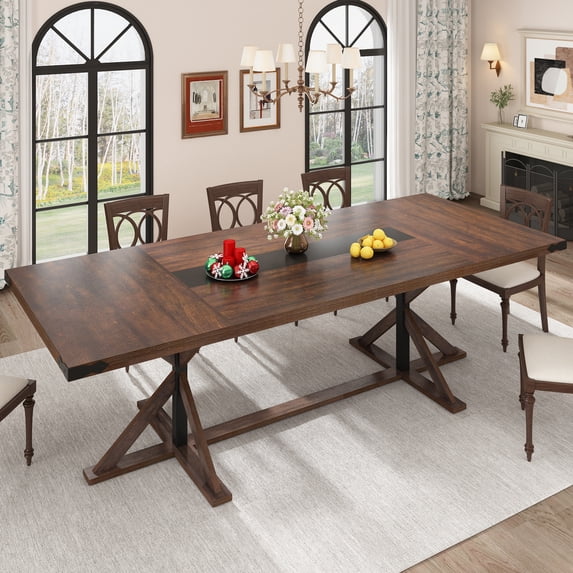 Blotout 95" Large Farmhouse Dining Table for 10-12 Person, Farmhouse Wood Long Rectangle Kitchen Table with Wood Strip Base, Rustic Brown Dining Table for Kitchen Living Room, 95 x 40 x 30 Inch
