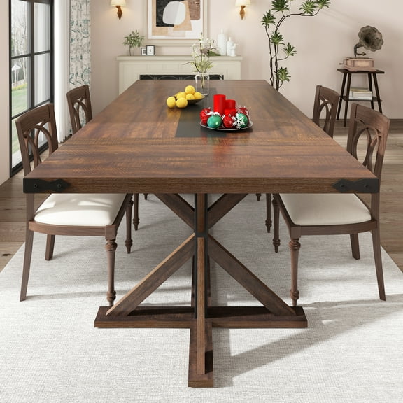 Blotout 79" Modern Farmhouse Dining Table for 8-10 People, Rectangular Wood Dining Table with Wood Strip Base, Long Kitchen Table for Dining Room, Gathering, Kitchen (Brown)