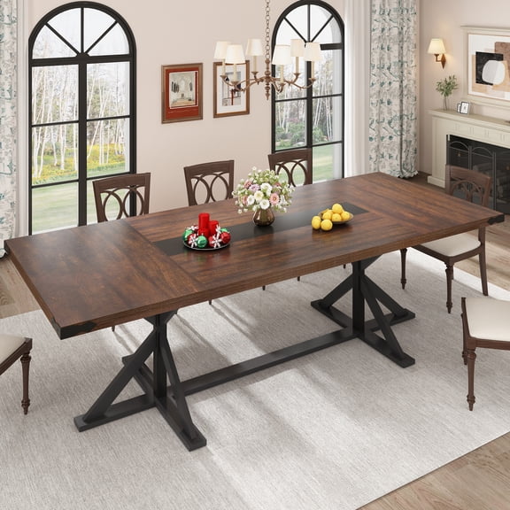Blotout 95" Modern Farmhouse Dining Table for 10-12 People, Rectangular Wood Dining Table with Wood Strip Base, Long Kitchen Table for Dining Room, Gathering, Kitchen (Brown Black)