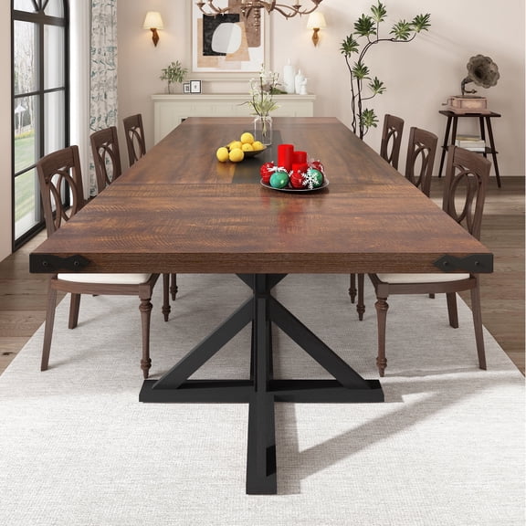 Blotout 95" Modern Farmhouse Dining Table for 10-12 People, Rectangular Wood Dining Table with Wood Strip Base, Long Kitchen Table for Dining Room, Gathering, Kitchen (Brown Black)