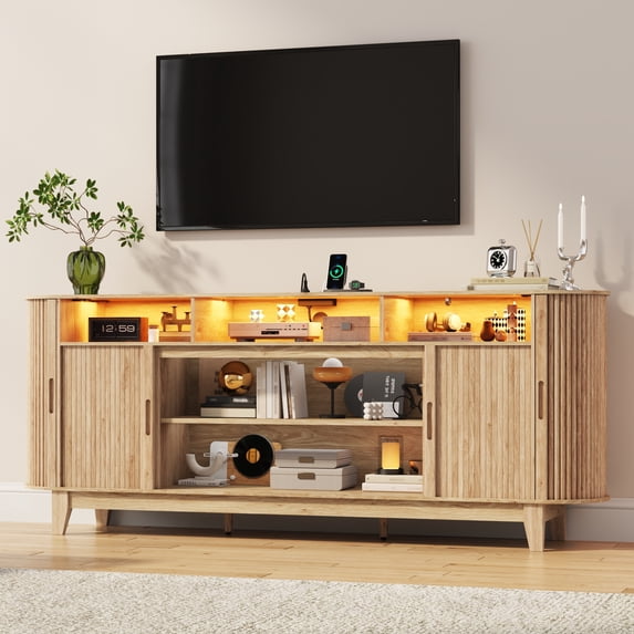 Blotout 81'' LED TV Stand with Power Outlet for 85/90''TV, Modern Entertainment Center with Fluted Sliding Doors & Curved Side Cabinets, Wooden Media Console with Open Storage Shelves for Living Room