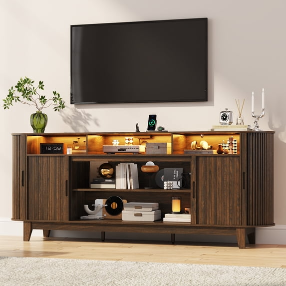 Blotout 81'' LED TV Stand with Power Outlet for 85/90''TV, Modern Entertainment Center with Fluted Sliding Doors & Curved Side Cabinets, Wooden Media Console with Open Storage Shelves for Living Room