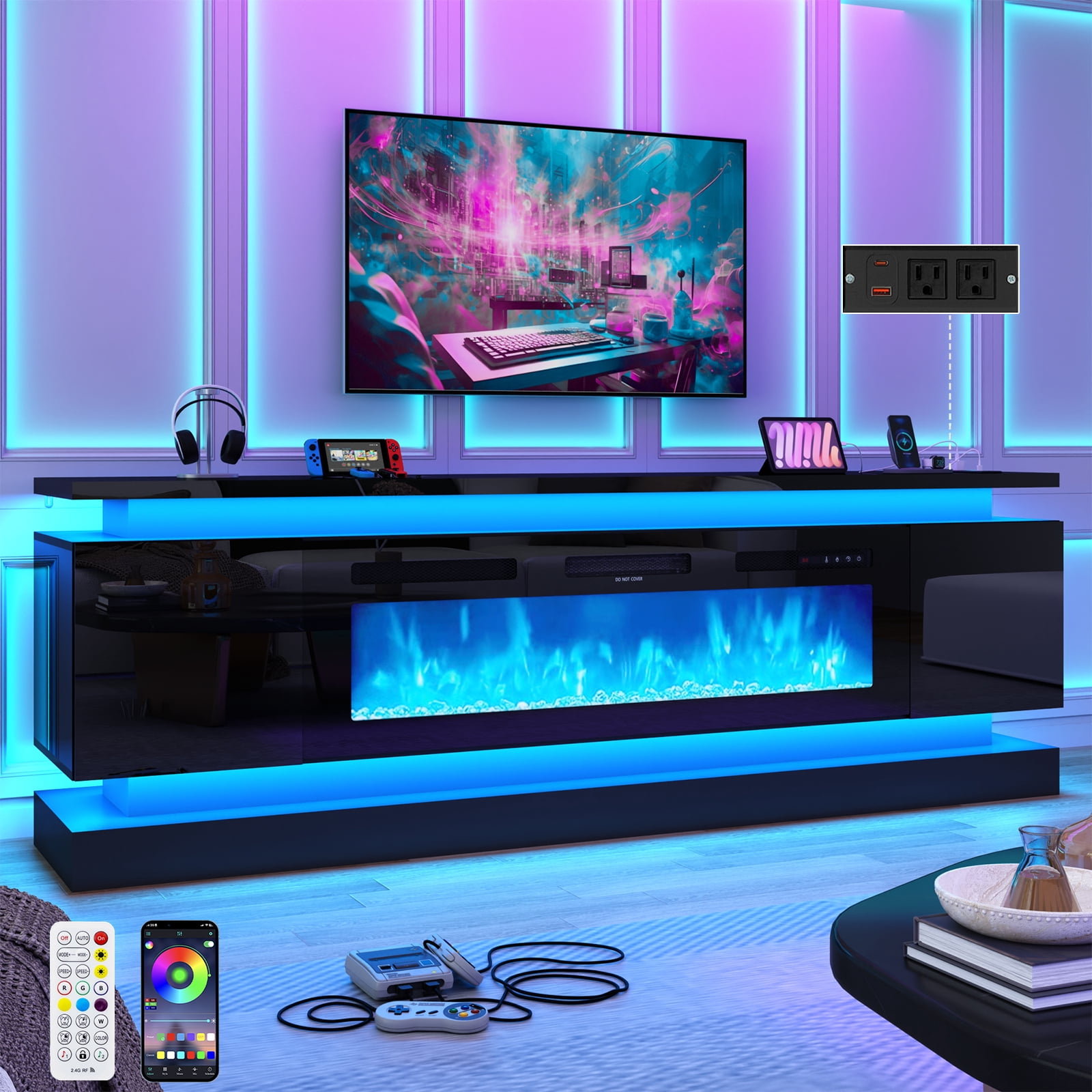 Blotout 81" Fireplace TV Stand with 50" Fireplace, LED Lights & Power Outlet for 90/85/80 Inch TV, Modern Gaming Entertainment Center with High Gloss Cabinet, Media TV Console for Living Room