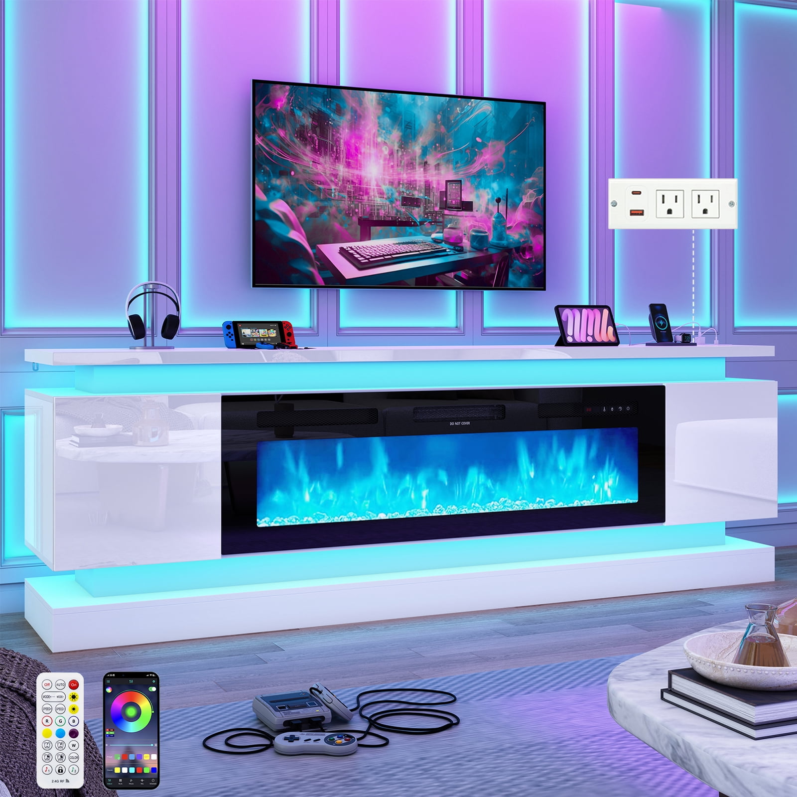 Blotout 81" Fireplace TV Stand with 50" Fireplace, LED Lights & Power Outlet for 90/85/80 Inch TV, Modern Gaming Entertainment Center with High Gloss Cabinet, Media TV Console for Living Room