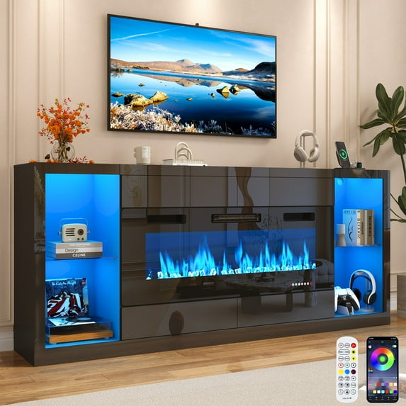 Blotout 82'' Fireplace TV Stand for 90/95''TV with 50'' Fireplace, LED Modern High Gloss Entertainment Center with Power Outlet, 4 Drawers, Adjustable Shelf, 2-Tier TV Console Cabinet, Black