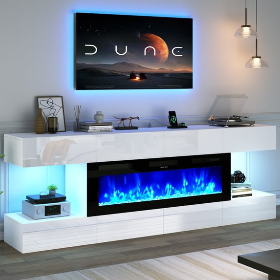 Blotout 82'' Fireplace TV Stand for 85/90''TV with 50'' Fireplace, LED Modern High Gloss Entertainment Center with Power Outlet, TV Console Table with 8 Handleless Storage Drawers, White