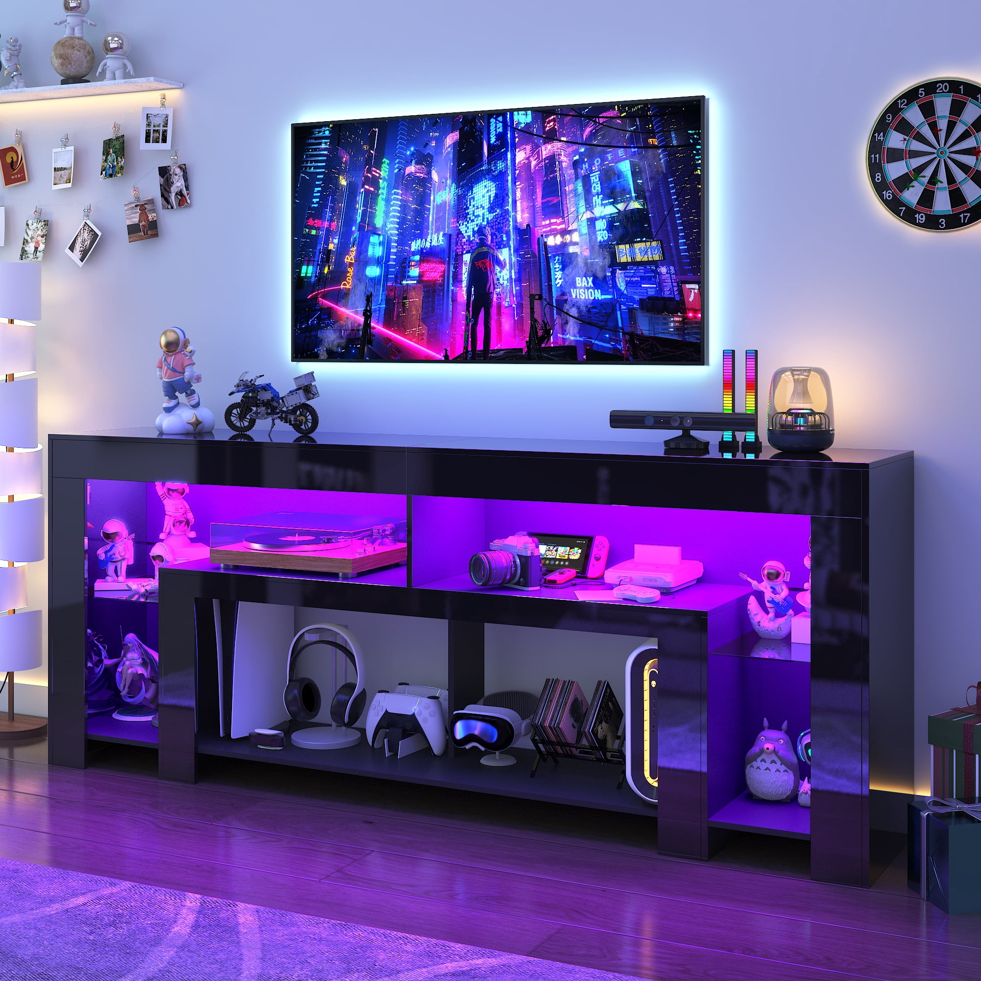 Blotout 82''Modern LED TV Stand for 85/90'' TV, High Gloss Entertainment Center with Adjustable Shelves & Open Storage, TV Console with 20 Color Changing Lights for Living Room Bedroom Game Room
