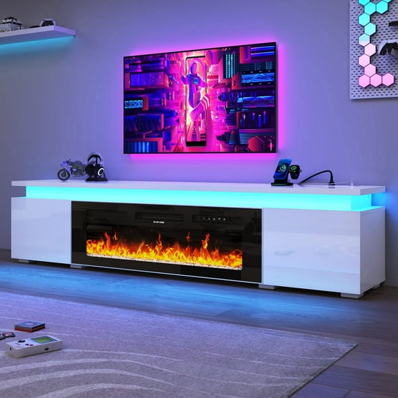 Blotout 83" Fireplace TV Stand for 90" 95" TVs with LED Light & Power Outlet, Large TV Stand Entertainment Center with 40" Electric Fireplace & 2 Door Cabinets