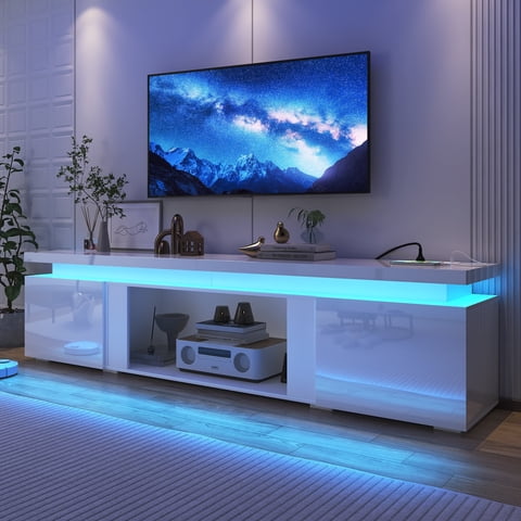 Blotout 83" LED TV Stand with Power Outlet for up to 85 90 inch TVs, Modern High Gloss Entertainment Center with 40" Fireplace Slot (Fireplace Not Included), Black/White