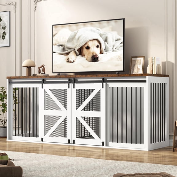 Blotout 87" Large Farmhouse Dog Crate TV Stand, Wooden Dog Crate Furniture with with Divider Panel/Sliding Metal Mesh Barn Door, XL-XXL Heavty Duty Dog Crates Furniture for 2 Medium or Large Dogs