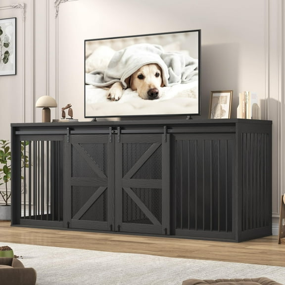 Blotout 87" Large Farmhouse Dog Crate TV Stand, Wooden Dog Crate Furniture with with Divider Panel/Sliding Metal Mesh Barn Door, XL-XXL Heavty Duty Dog Crates Furniture for 2 Medium or Large Dogs