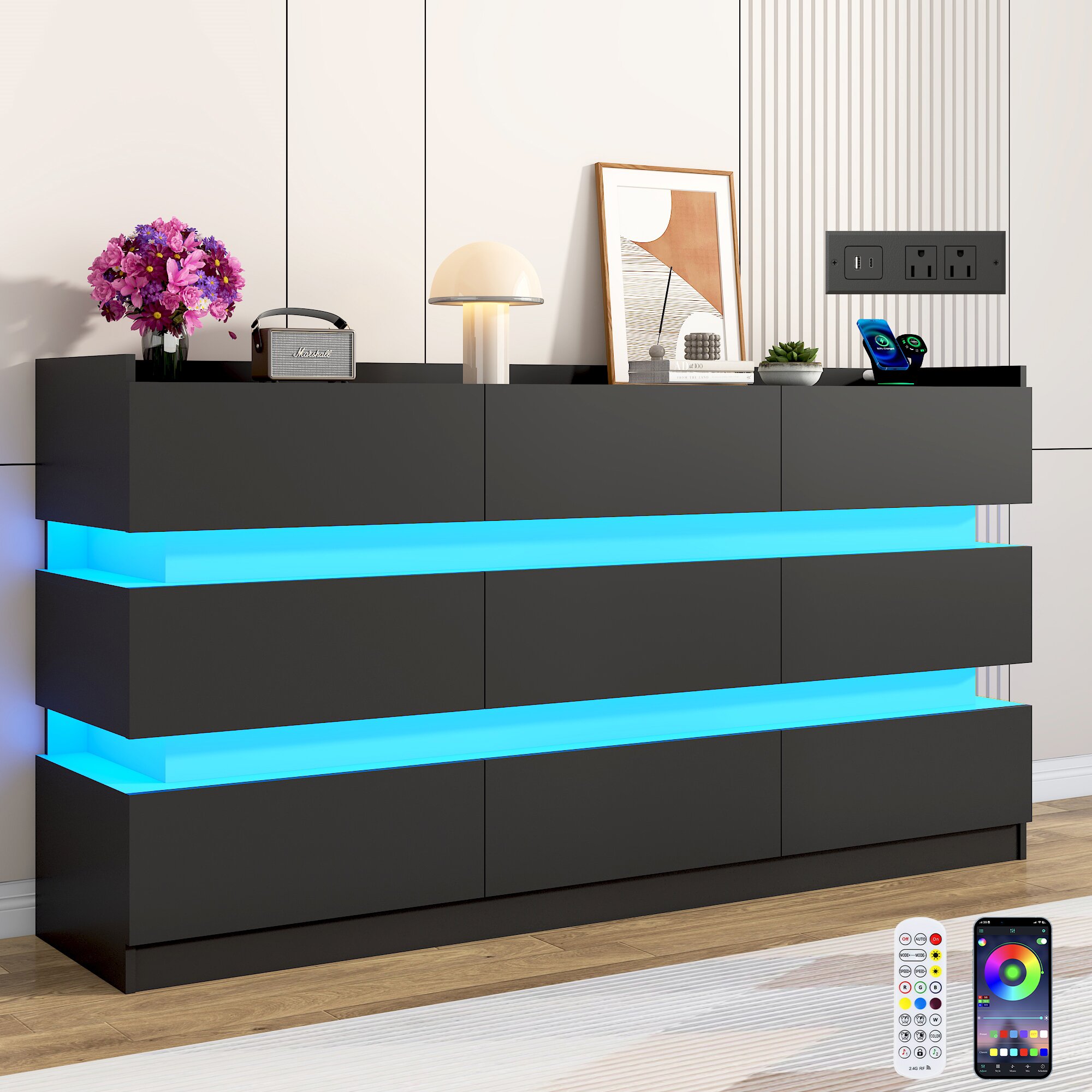 Blotout 9 Drawer Dresser with 60000-color LED Lights & Power Outlet, 63 ...