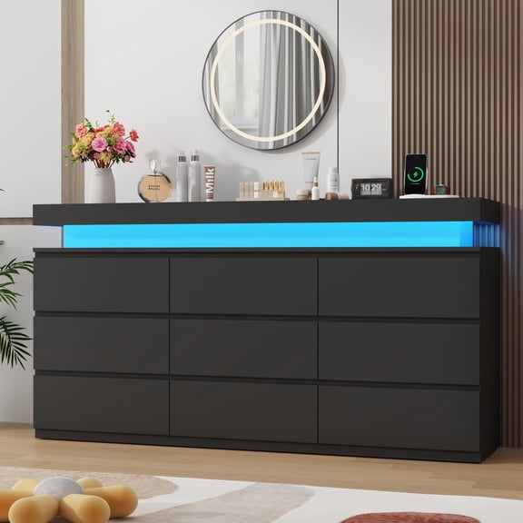 Blotout 9 Drawer Dresser with LED Lights & Charging Station, 63" Wide Modern Wood Chest of Drawers Handle Free, LED Black Dresser for bedroom, Living Room, Entryway, Hallway