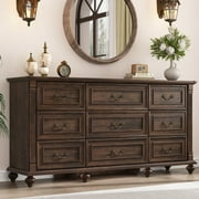 Blotout 9 Drawer Dressers for Bedroom, Farmhouse Dresser with 6 Solid Wood feet, 63" Wide Brown Dresser Wooden Dresser Rustic Chest of Drawers Long Dresser