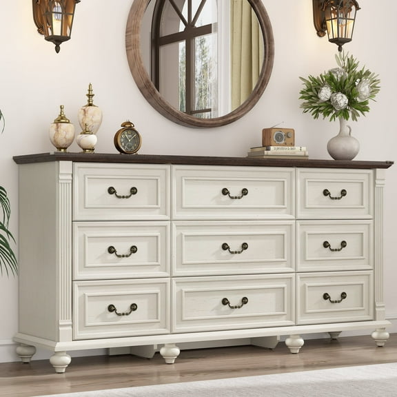 Blotout 9 Drawer Dressers for Bedroom, Farmhouse Dresser with 6 Solid Wood feet, 63" Wide White Dresser Wooden Dresser Rustic Chest of Drawers Long Dresser